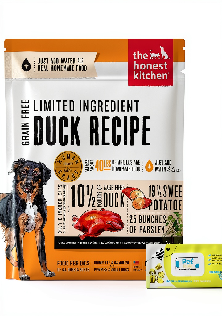 'The Honest Kitchen Limited Ingredient Duck dog food package on a kitchen counter'