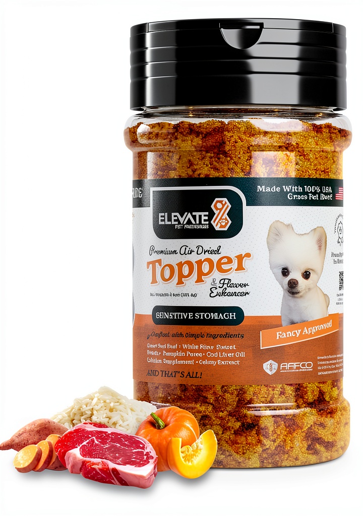 Elevate dog food topper sprinkled on kibble in a bowl