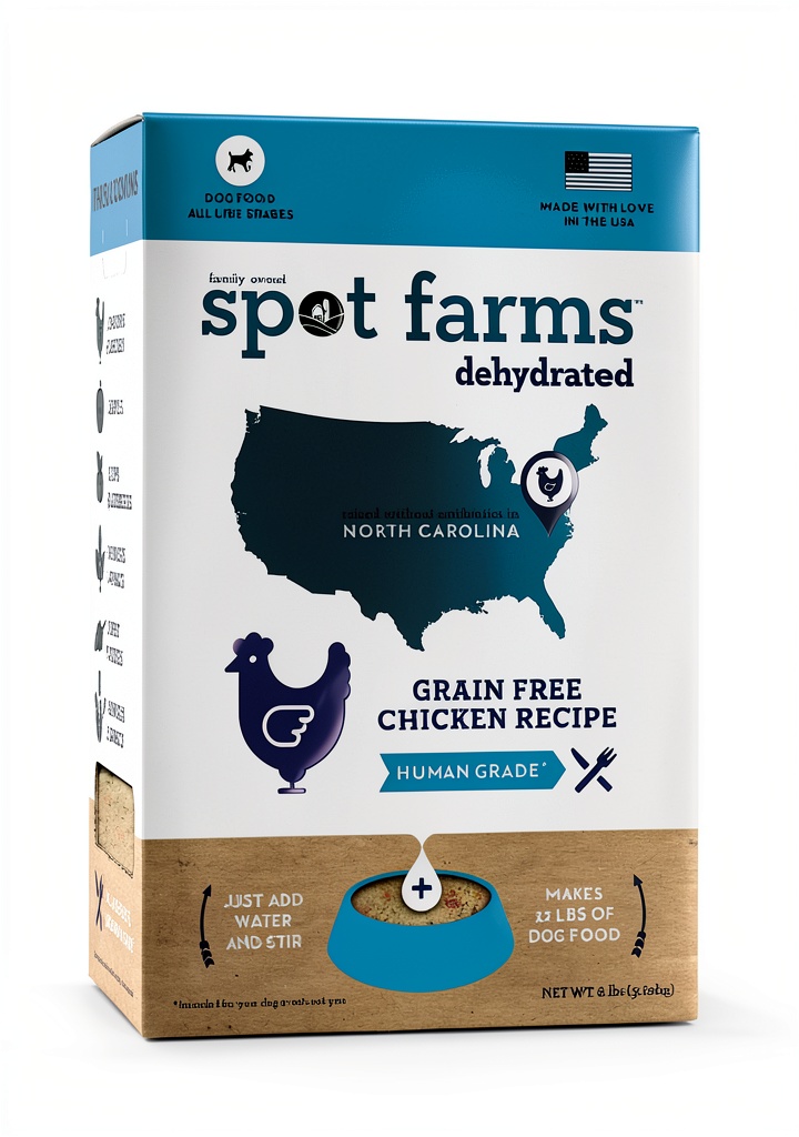 Spot Farms dehydrated dog food package with ingredients displayed