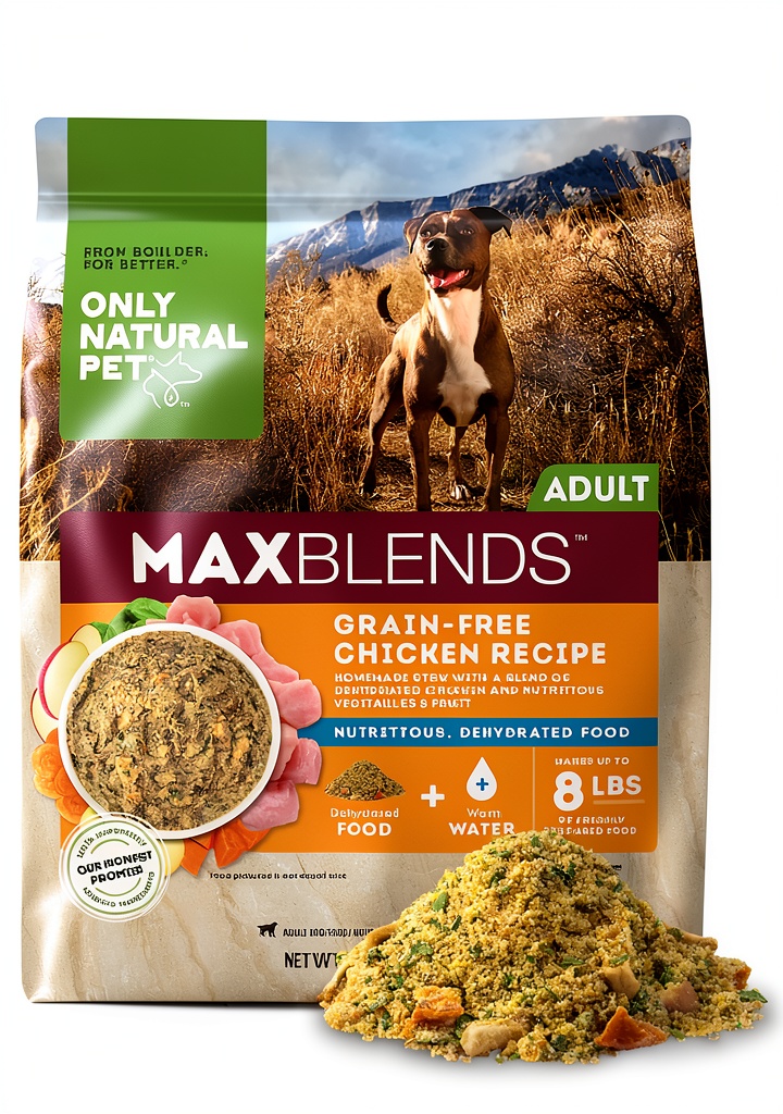 Only Natural Pet Dehydrated Dog Food package on a kitchen counter