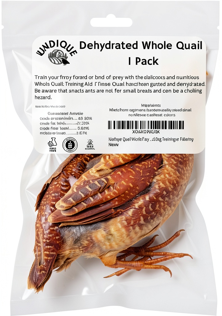 'Undique Whole Dehydrated Quail Dog Food package on a kitchen counter'