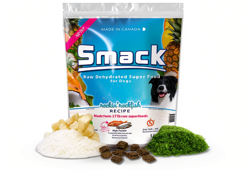 Smack Rockin' Rockfish dehydrated dog food package with ingredients displayed