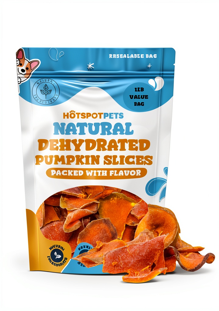 'Hotspot Pets dehydrated dog treats in assorted flavors on a wooden surface'
