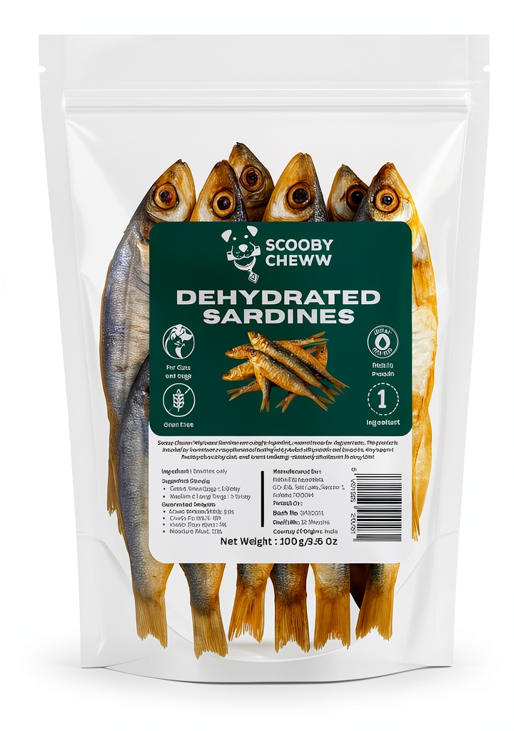 Dehydrated sardine treats in packaging with measuring tape showing size