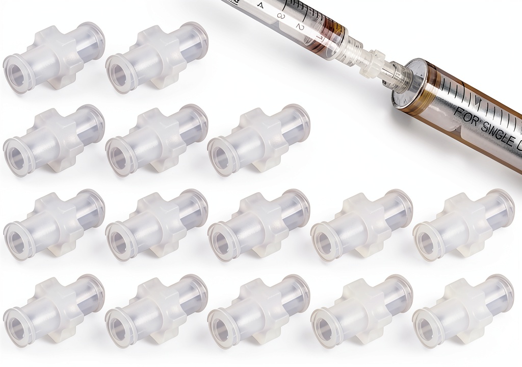 EBaokuup luer lock connector attached to a syringe in a lab setting