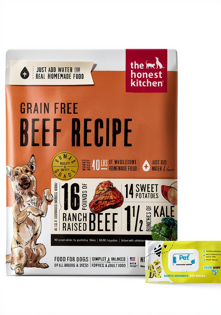 The Honest Kitchen Grain Free Beef dog food package with ingredients displayed