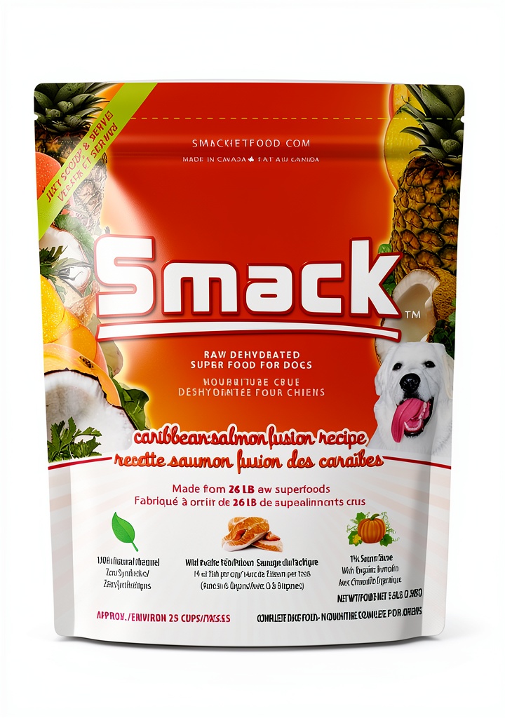 'Smack Dehydrated Dog Food bag with wild salmon ingredients displayed'