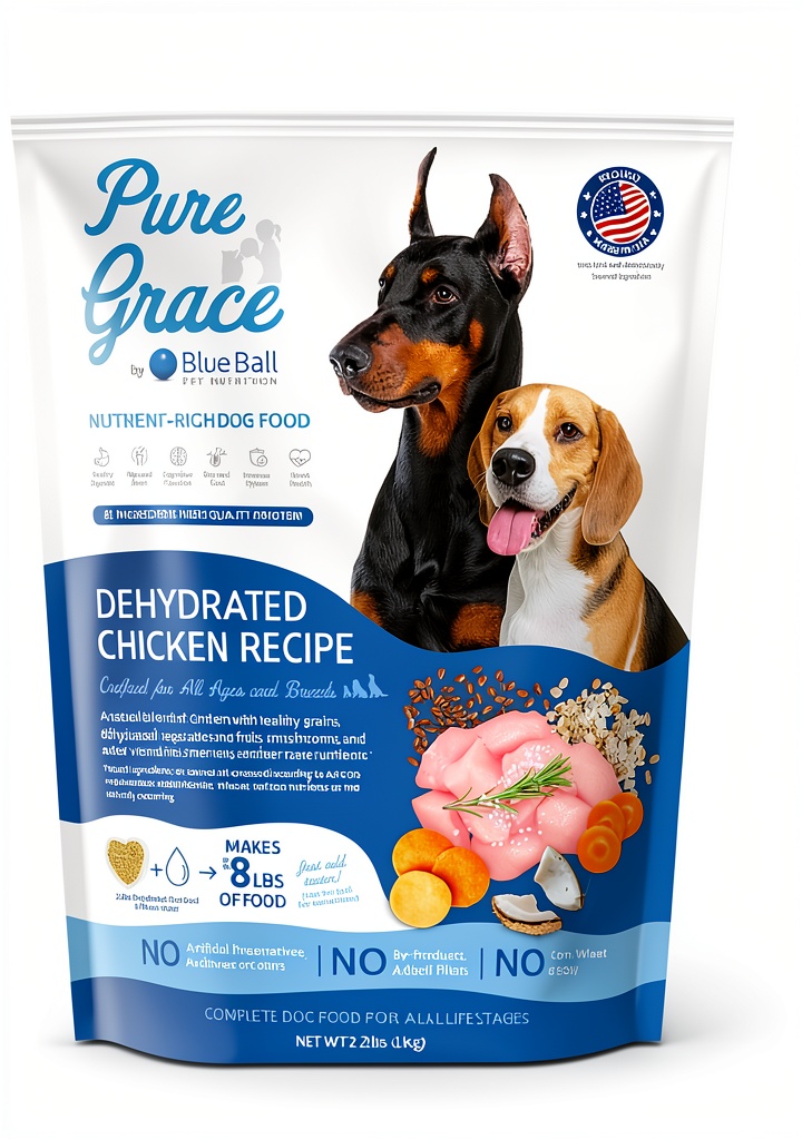 Blue Ball Dehydrated Dog Food package on a kitchen counter