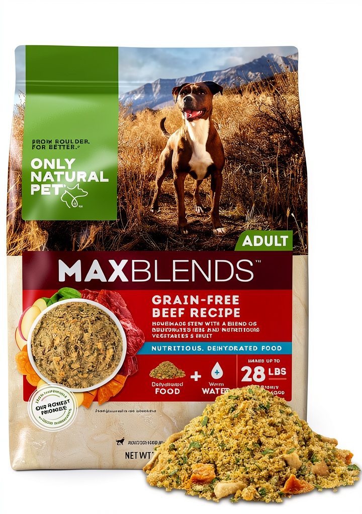 Only Natural Pet dehydrated dog food package on a kitchen counter